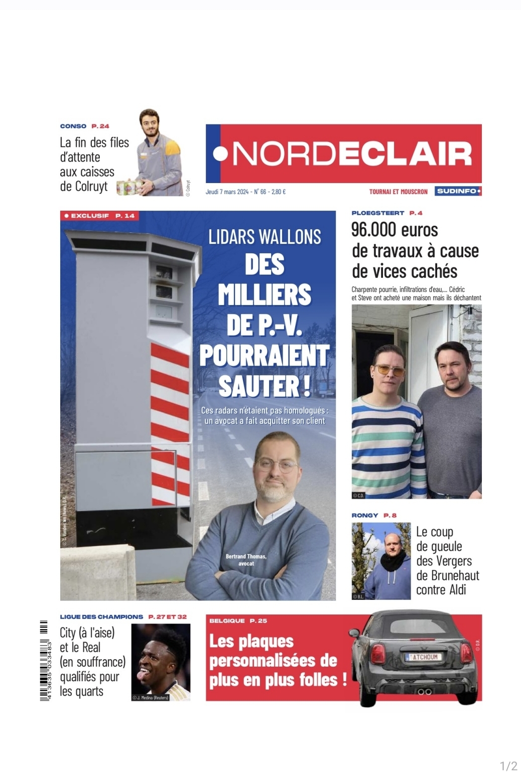 Première page du journal Nord Éclair du jeudi 7 mars 2024